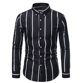 Bestgift Slim Siyah Çizgili Uzun Kollu Erkek Gömlek