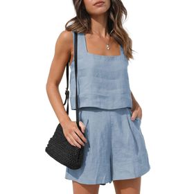 Bestgift Tank Top Mavi Light Blue Günlük 2 Parça Kadın Şort Set