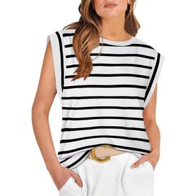 Bestgift Top Tank Top Beyaz Şerit Yuvarlak Yaka Çizgili Kolsuz Kadın T-shirt