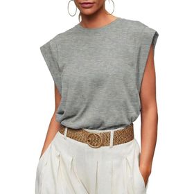 Bestgift Top Tank Top Gri Yuvarlak Yaka Çizgili Kolsuz Kadın T-shirt