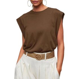 Bestgift Top Tank Top Kahve Yuvarlak Yaka Çizgili Kolsuz Kadın T-shirt