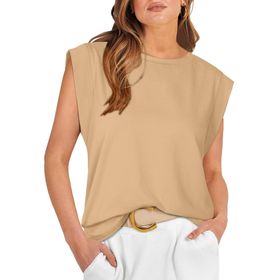 Bestgift Top Tank Top Kayısı Yuvarlak Yaka Çizgili Kolsuz Kadın T-shirt