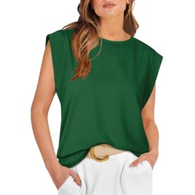 Bestgift Top Tank Top Koyu Yeşil Yuvarlak Yaka Çizgili Kolsuz Kadın T-shirt