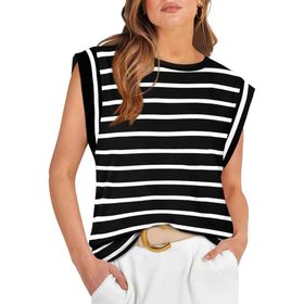 Bestgift Top Tank Top Siyah Şerit Yuvarlak Yaka Çizgili Kolsuz Kadın T-shirt