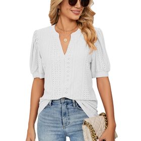 Bestgift Tops Casual Beyaz Kabarcık Kol Düz V Yaka Kadın T-Shirt