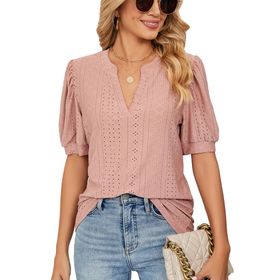 Bestgift Tops Casual Deri Tozu Kabarcık Kol Düz Kadın T-Shirt