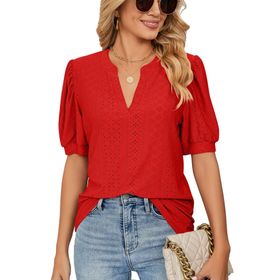 Bestgift Tops Casual Kırmızı Kabarcık Kol Düz Kadın T-Shirt