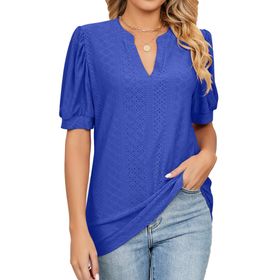 Bestgift Tops Casual Mavi Kabarcık Kol Düz V Yaka Kadın T-Shirt