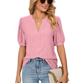 Bestgift Tops Casual Pembe Kırmızı Kabarcık Kol Düz V Yaka Kadın T-Shirt