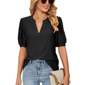 Bestgift Tops Casual Siyah Kabarcık Kol Düz V Yaka Kadın T-Shirt