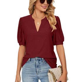 Bestgift Tops Casual Wine Red Kabarcık Kol Düz V Yaka Kadın T-Shirt