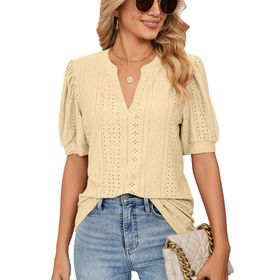 Bestgift Tops Casual Yellow Kabarcık Kol Düz V Yaka Kadın T-Shirt