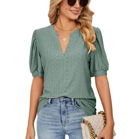 Bestgift Tops Casual Yeşil Kabarcık Kol Düz V Yaka Kadın T-Shirt
