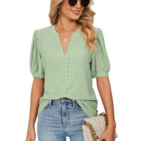 Bestgift Tops Casual Yeşil Light Green Kabarcık Kol Düz V Yaka Kadın T-Shirt