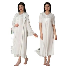 Bestin Kadın DW5035EF-869BST0012179 Ekru Sabahlıklı Dantelli Hamile Lohusa Gecelik Takım