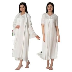 Bestin Kadın DW5035EF-869BST0012179 Ekru Sabahlıklı Dantelli Hamile Lohusa Gecelik Takım