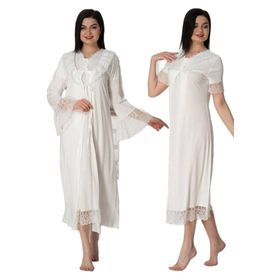 Bestin Kadın DW5045EF-86D0018320518 Ekru Sabahlıklı Dantelli Hamile Lohusa Gecelik Takım