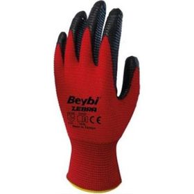 Beybi 15 Adet Zebra Nitril Kaplama Örme Eldiven Kırmızı İşçi Eldiveni