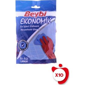 Beybi 9-9.5 Beden Kırmızı 10 Paket Ekonomik Ev İşleri ve Bulaşık Eldiveni