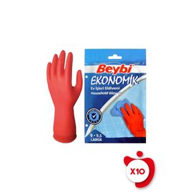 Beybi 9-9.5 Beden Kırmızı 10 Paket Ekonomik Ev İşleri ve Bulaşık Eldiveni