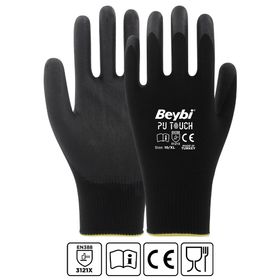 Beybi EN388 3121X 7 Beden 12'li Paket Poliüretan Kaplı Pu Touch Siyah Montaj Eldiven