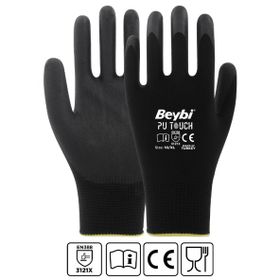 Beybi EN388 3121X 7 Beden 12'li Paket Poliüretan Kaplı Pu Touch Siyah Montaj Eldiven