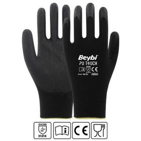 Beybi EN388 3121X 7 Beden 12'li Paket Poliüretan Kaplı Pu Touch Siyah Montaj Eldiven