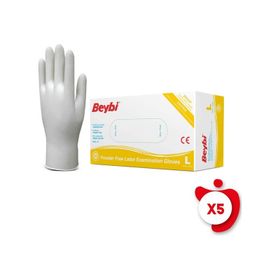 Beybi L Beden Beyaz 100'lü 5 Paket Pudrasız Lateks Muayene Eldiveni