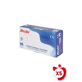 Beybi M Beden Beyaz 100'lü 5 Paket Pudralı Lateks Eldiven