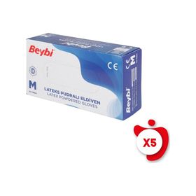 Beybi M Beden Beyaz 100'lü 5 Paket Pudralı Lateks Eldiven