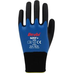 Beybi NMF+ Mavi 10 Beden 12 Çift Tam Kaplı Mikro Köpük Nitril Kaplı Polyester Örgü Eldiven