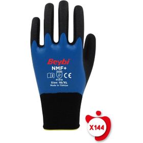Beybi NMF+ Mavi 8 Beden 144 Çift Tam Kaplı Mikro Köpük Nitril Kaplı Polyester Örgü Eldiven