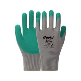 Beybi PL17 10 Beden Gri-Yeşil 12'li Paket Legend Polyester Örme Lateks Eldiven