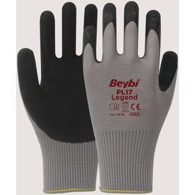 Beybi PL17 9 Beden Gri Siyah 12'li Paket Legend Polyester Örme Lateks Eldiven