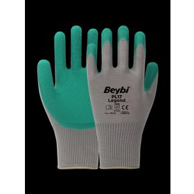 Beybi PL17 9 Beden Gri-Yeşil 12'li Paket Legend Polyester Örme Lateks Eldiven