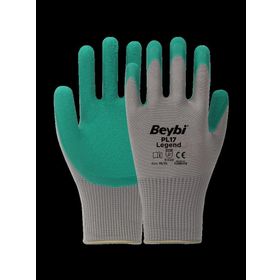 Beybi PL17 9 Beden Gri-Yeşil 12'li Paket Legend Polyester Örme Lateks Eldiven