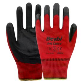 Beybi PN No: 9 Koli 288 Çift Zebra Kırmızı Polyester Örme Nitril Eldiven