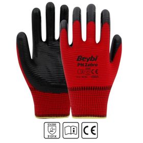 Beybi PN Zebra Polyester Örme NO:10 Koli Kırmızı Nitril Eldiven