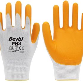 Beybi PN3 Beyaz Sarı No:9 Koli Polyester Örme Nitril Eldiven