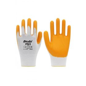 Beybi PN3 Beyaz Sarı No:9 Koli Polyester Örme Nitril Eldiven