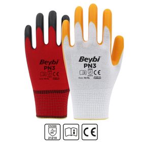 Beybi PN3 EN388 2121X Beyaz Sarı 10 Beden 12'li Paket Polyester Örme Nitril Eldiven