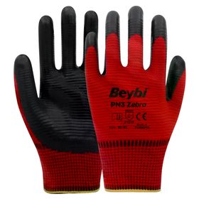 Beybi PN3 No: 10 Koli 288 Çift Kırmızı Zebra Polyester Örme Nitril Eldiven