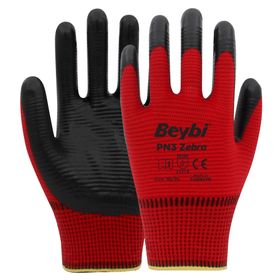 Beybi PN3 No: 9 Koli 288 Çift Kırmızı Zebra Polyester Örme Nitril Eldiven