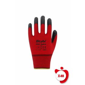 Beybi PN3 Zebra Kırmızı 10 Beden 48 Çift Polyester Örme Nitril İş Eldiveni