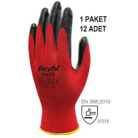 Beybi PN75 Polyester Örme NO:10 Kırmızı Koli Nitril Eldiven