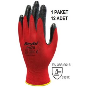 Beybi PN75 Polyester Örme NO:10 Kırmızı Koli Nitril Eldiven