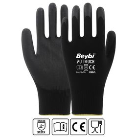 Beybi Pu Touch Siyah 7 Beden 12'li Paket Poliüretan Kaplı Montaj Eldiven