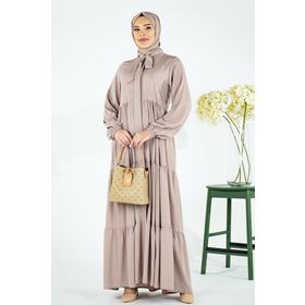 Beyza 3692 Üç Katlı Büzgülü Yakası Bağcıklı Bej Ferace