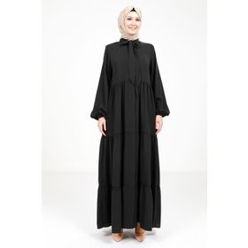 Beyza 3692 Üç Katlı Büzgülü Yakası Bağcıklı Siyah Ferace