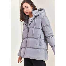 Bianco Lucci 30301009 Krem Kapüşonu Bağcıklı Uzun Şişme Bayan Mont